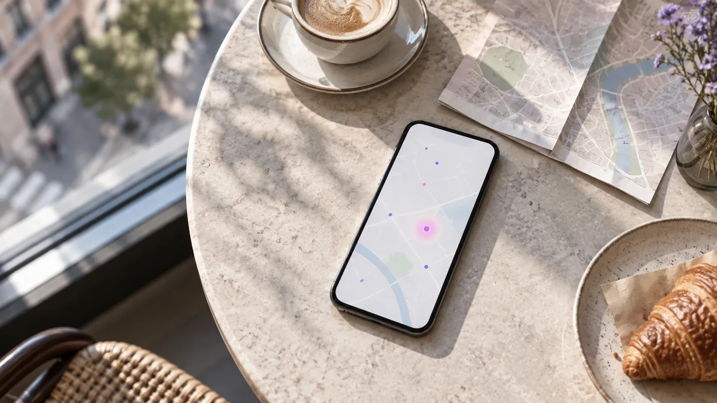 Minimalistyczna mapa Meeto na telefonie leżącym na stoliku