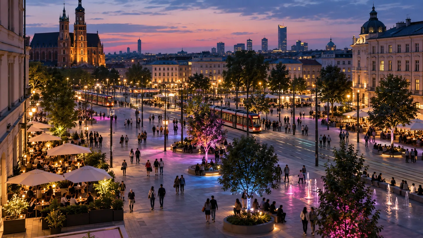 Miejski plac z lokalami i ludźmi o zmierzchu