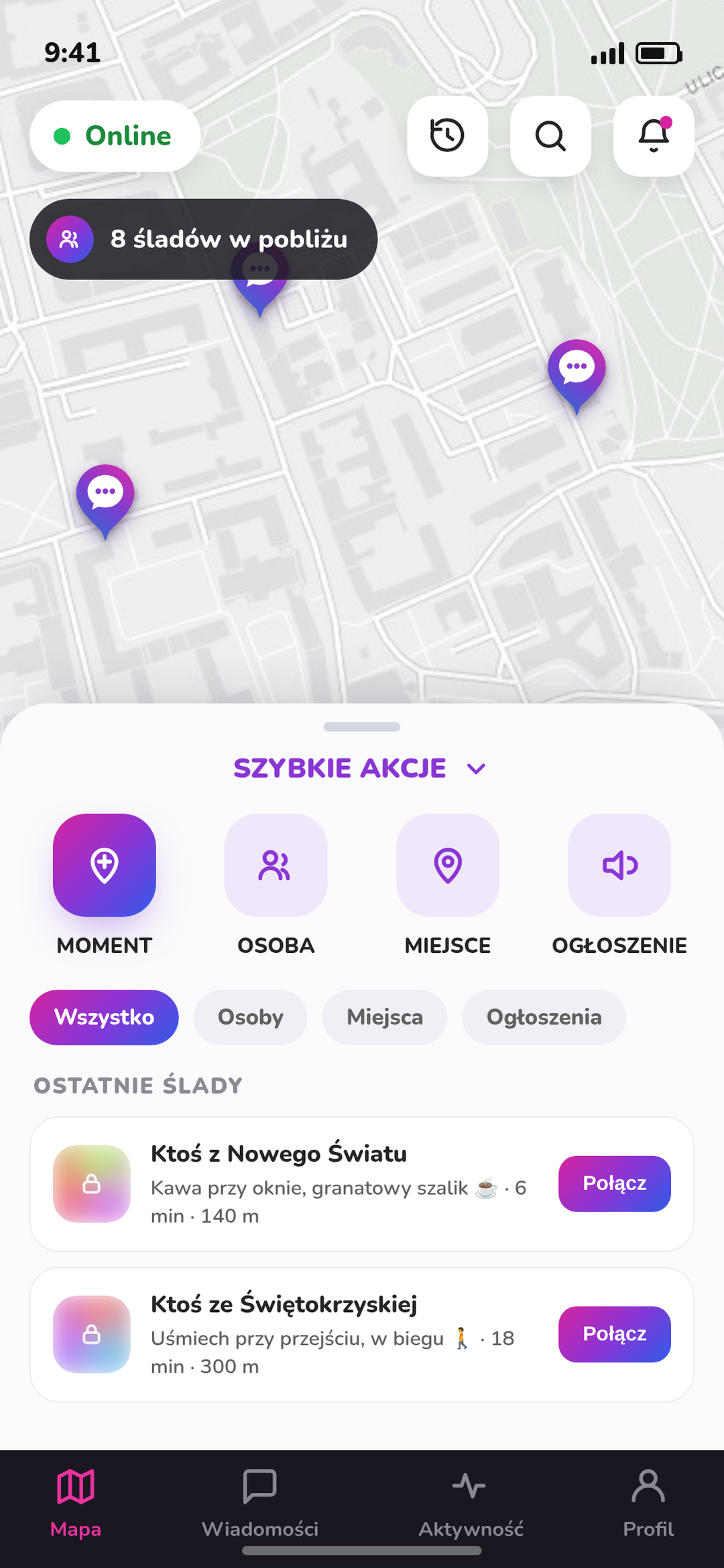 Meeto — mapa z rozwiniętą kartą szybkich akcji