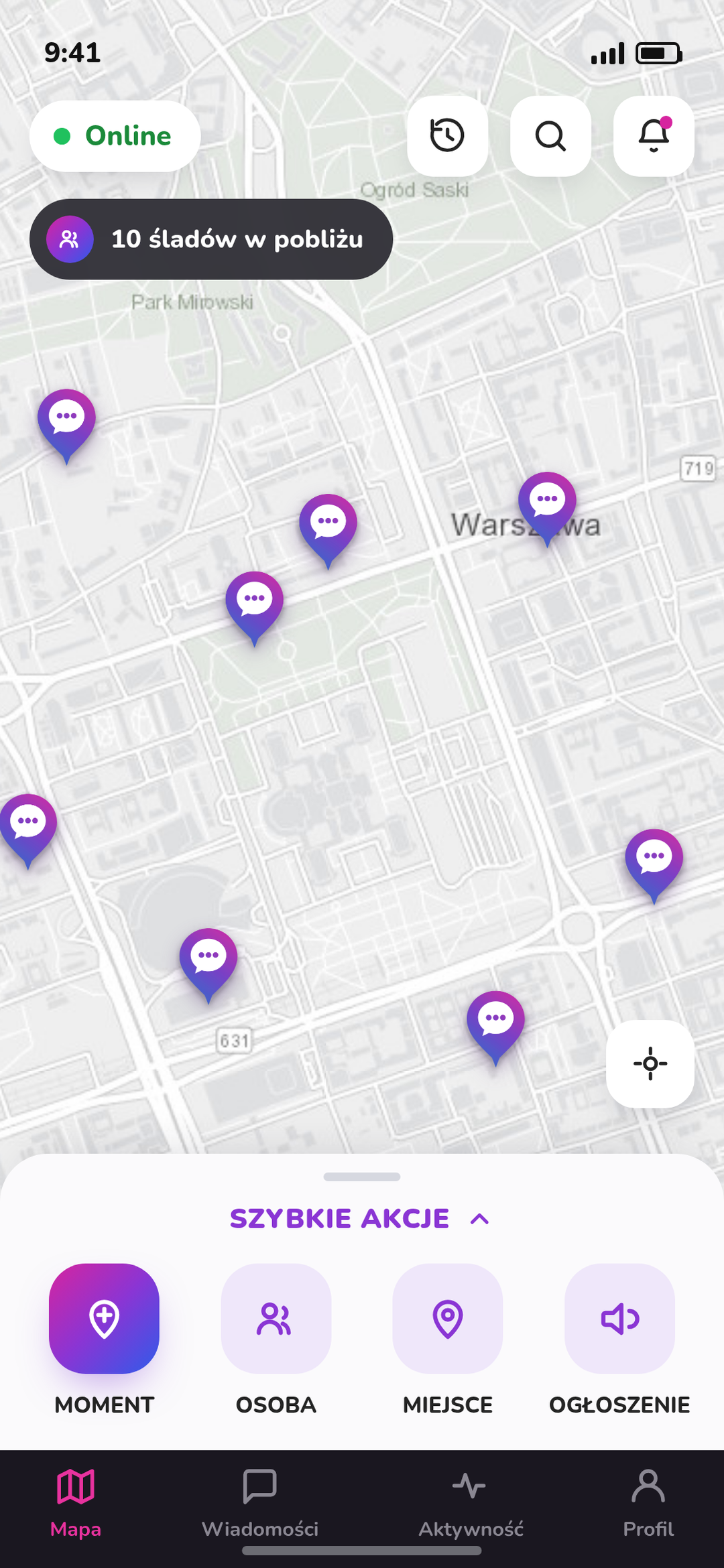 Aplikacja Meeto — mapa z pobliskimi śladami i szybkimi akcjami